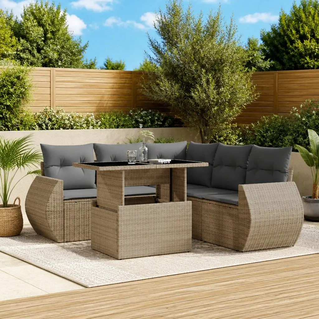 6 Piece Garden Sofa Set Outdoor Furniture Beige Poly Rattan with Cushions