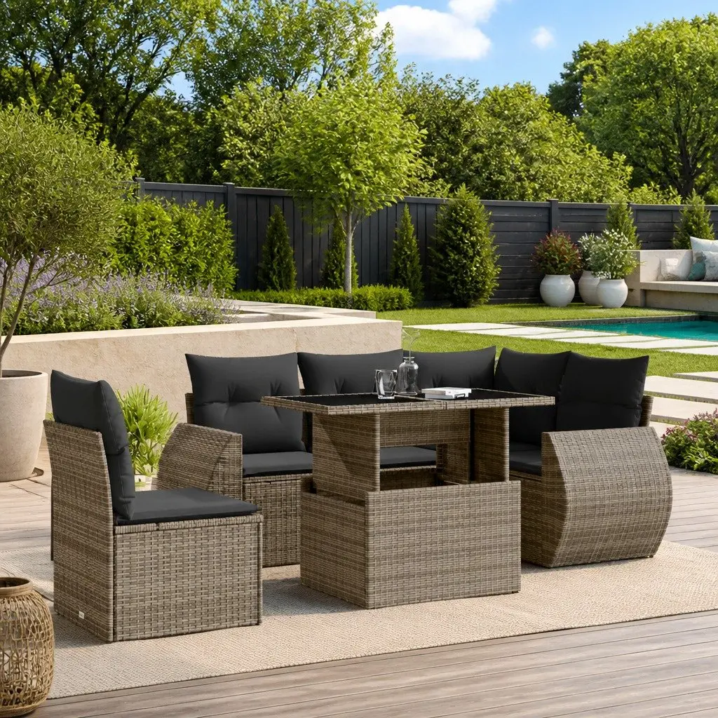 6 Piece Garden Sofa Set with Cushions Grey Poly Rattan Outdoor Furniture