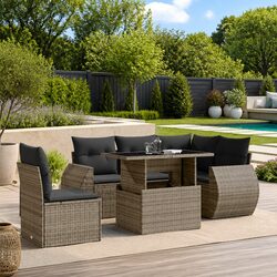 6 Piece Garden Sofa Set with Cushions Grey Poly Rattan Outdoor Furniture