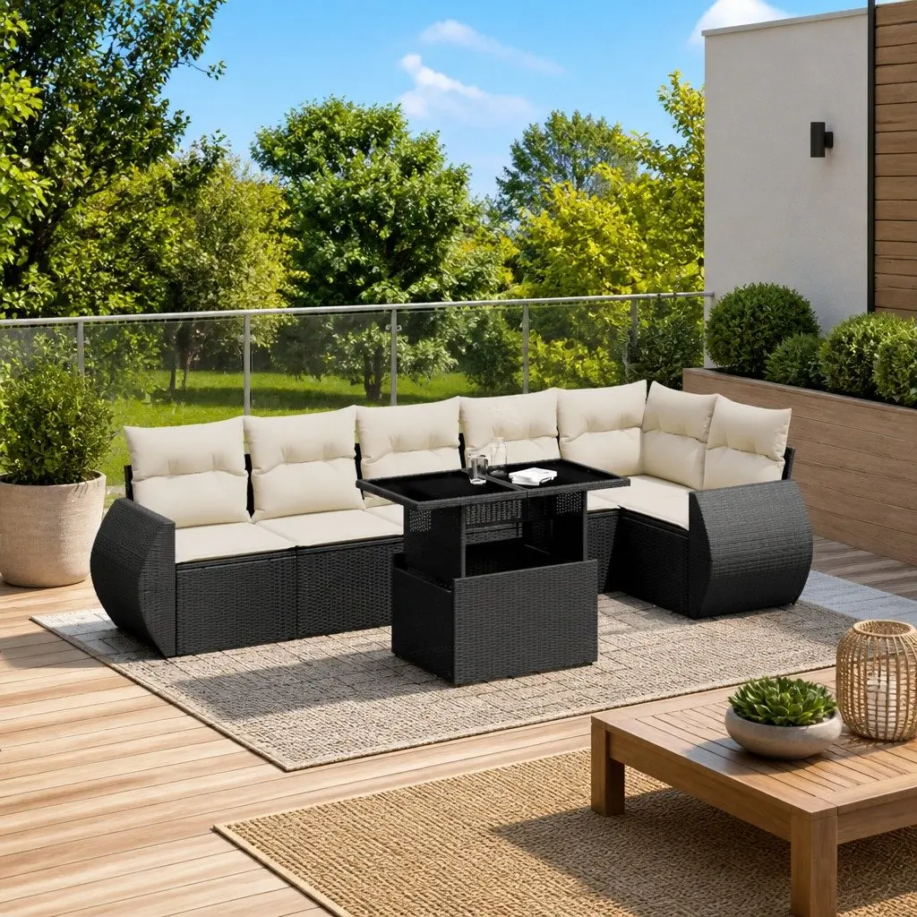 7 Piece Garden Sofa Set Outdoor Patio Furniture Black Poly Rattan with Cushions