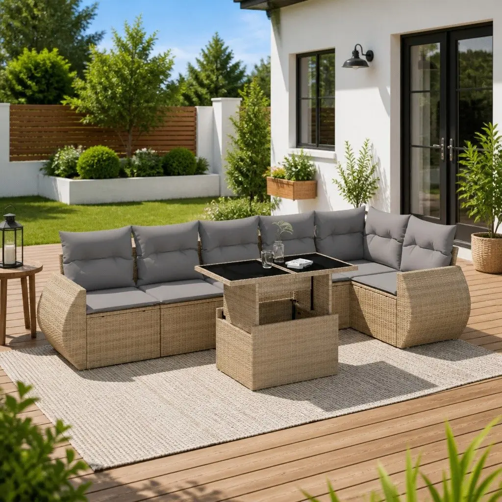 7 Piece Garden Sofa Set Beige Poly Rattan Outdoor Furniture Patio Lounge with
