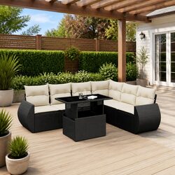 7 Piece Garden Sofa Set Black Poly Rattan Outdoor Furniture with Cushions
