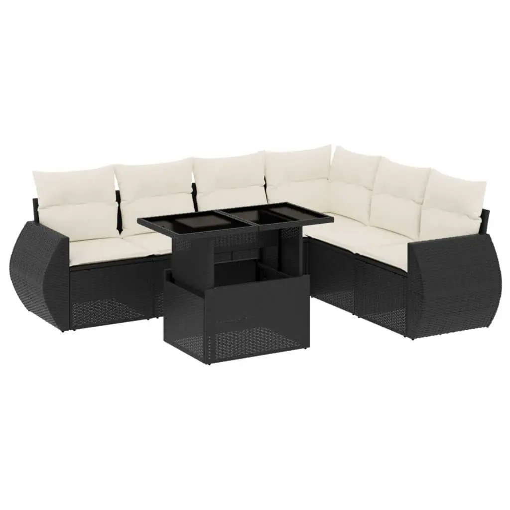 7 Piece Garden Sofa Set Black Poly Rattan Outdoor Furniture with Cushions