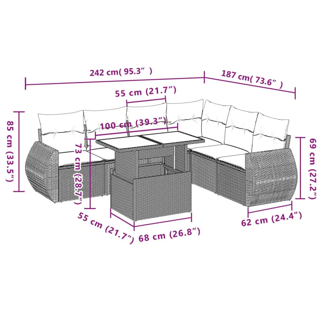 7 Piece Garden Sofa Set Black Poly Rattan Outdoor Furniture with Cushions