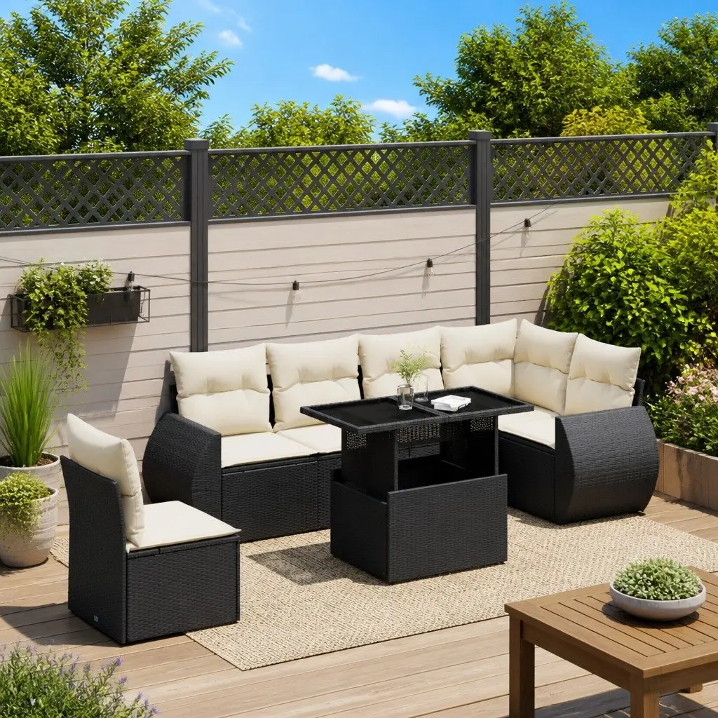 7 Piece Garden Sofa Set Outdoor Patio Furniture Black PE Rattan with Cushions
