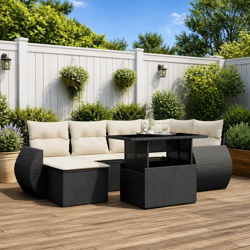 7 Piece Outdoor Garden Sofa Set Black PE Rattan Patio Furniture Cushions