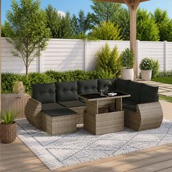 8 Piece Outdoor Garden Sofa Set with Cushions Grey Poly Rattan Patio Furniture