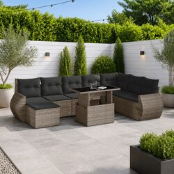Garden Sofa Set 9 Piece Outdoor Furniture Grey Poly Rattan Patio Seating with