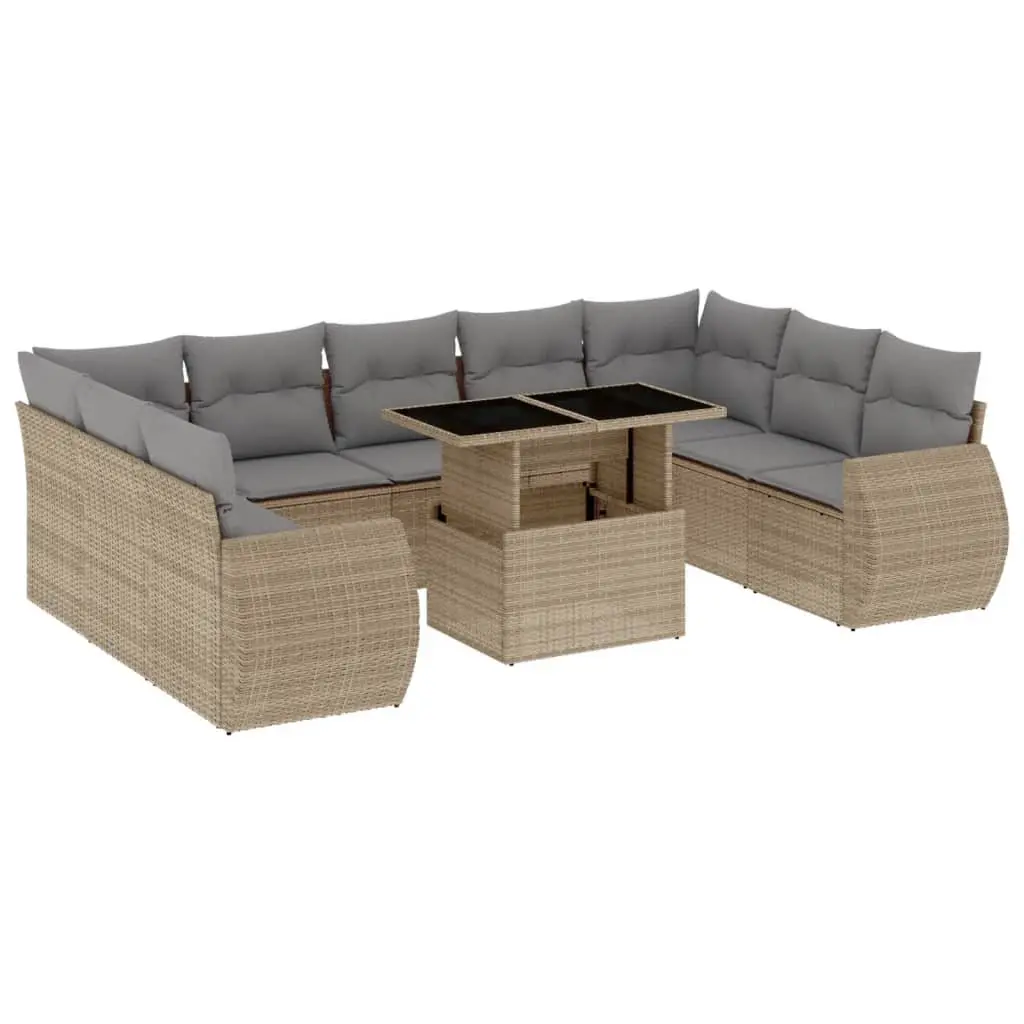 Garden Sofa Set 10 Piece Outdoor Furniture Beige PE Rattan Patio Lounge with Adjustable Table and Thick Cushions