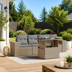 5 Piece Garden Sofa Set with Cushions Beige Poly Rattan Outdoor Patio Furniture