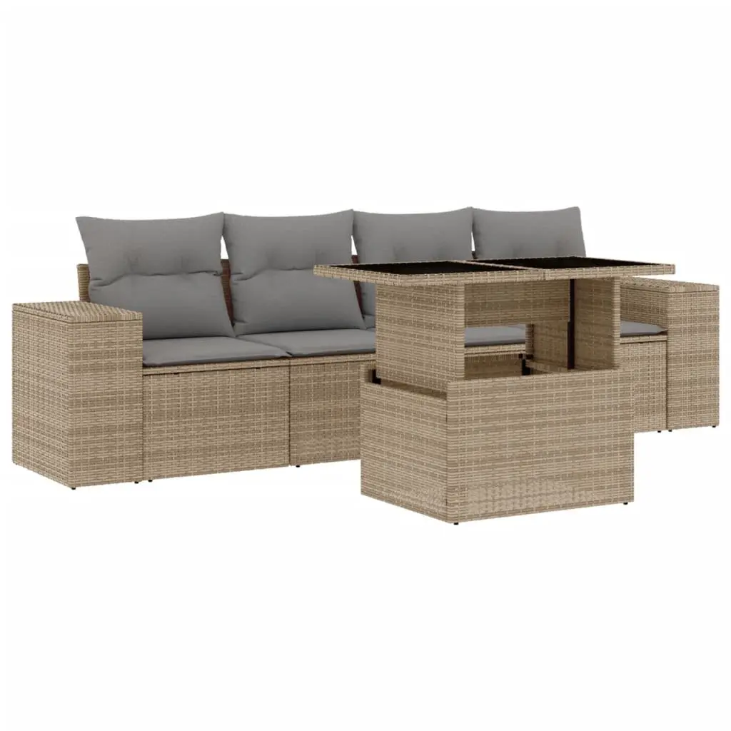 5 Piece Garden Sofa Set with Cushions Beige Poly Rattan Outdoor Patio Furniture