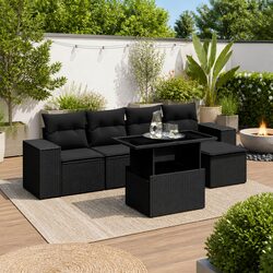 Garden Sofa Set 6 Piece Outdoor Patio Furniture with Cushions Black Poly Rattan