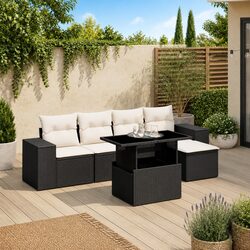 6 Piece Garden Sofa Set with Cushions Black Poly Rattan Outdoor Furniture Patio