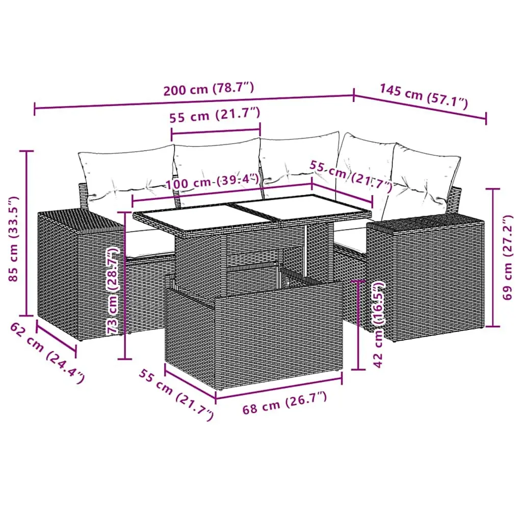 5 Piece Garden Sofa Set Outdoor Patio Furniture Black Poly Rattan with Cushions