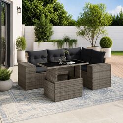 Garden Sofa Set 5 Piece Grey Poly Rattan Outdoor Furniture Patio Cushions