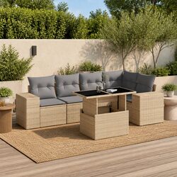 6 Piece Garden Sofa Set Beige Poly Rattan Outdoor Furniture with Cushions