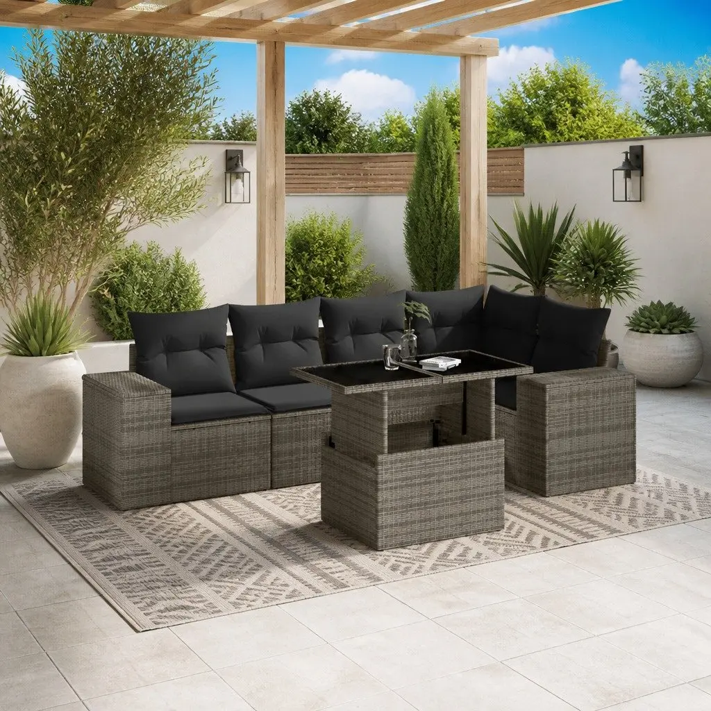 6 Piece Outdoor Garden Sofa Set with Cushions Grey Poly Rattan Patio Furniture