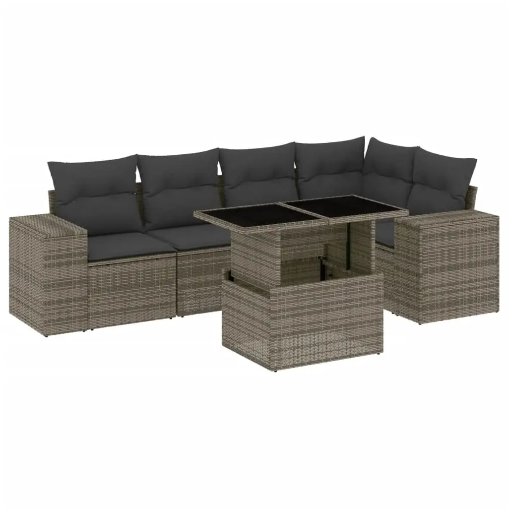 6 Piece Outdoor Garden Sofa Set with Cushions Grey Poly Rattan Patio Furniture