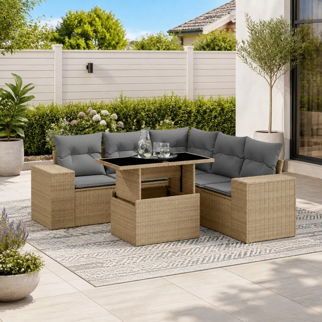 6 Piece Outdoor Garden Sofa Set Beige Poly Rattan Patio Furniture with Cushions
