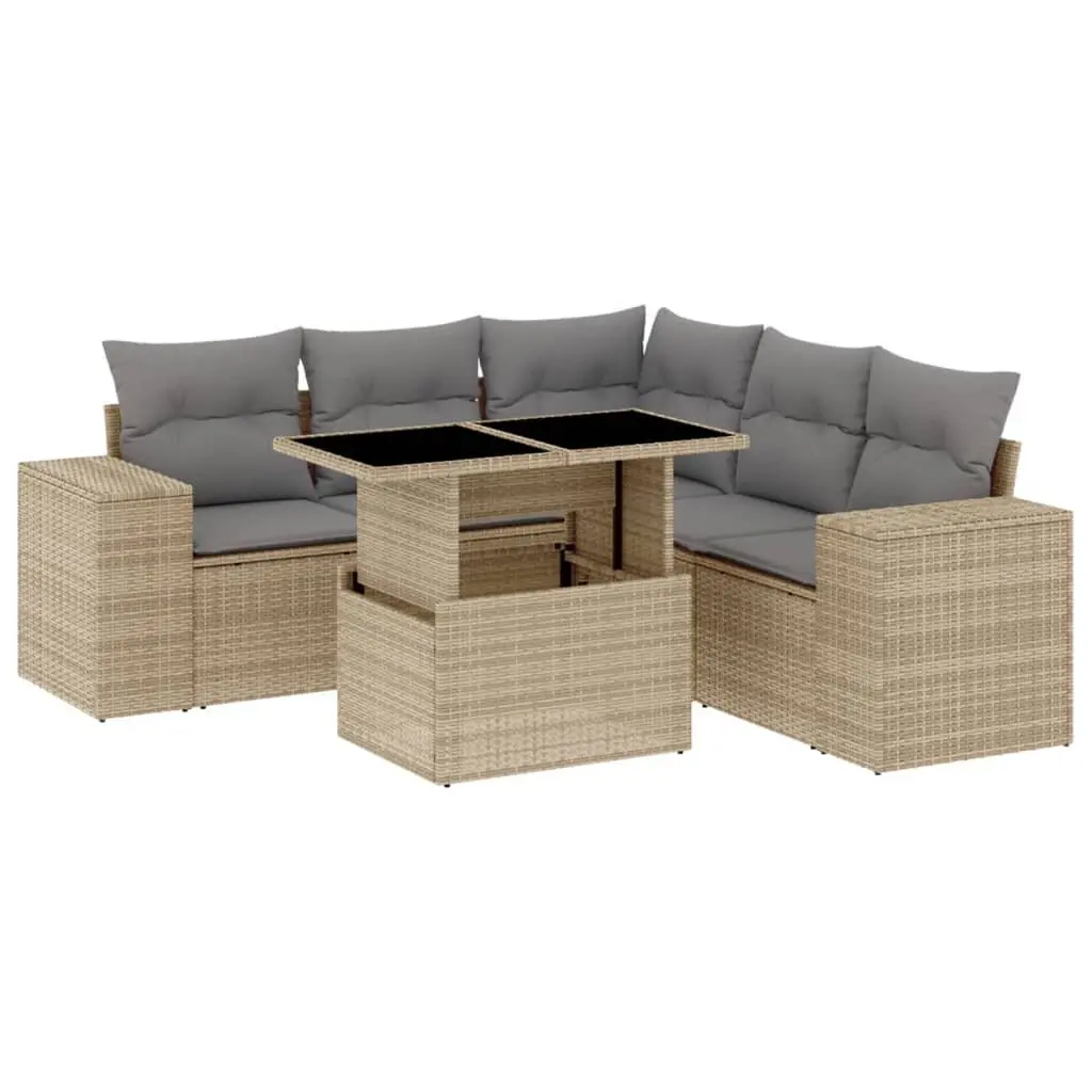 6 Piece Outdoor Garden Sofa Set Beige Poly Rattan Patio Furniture with Cushions