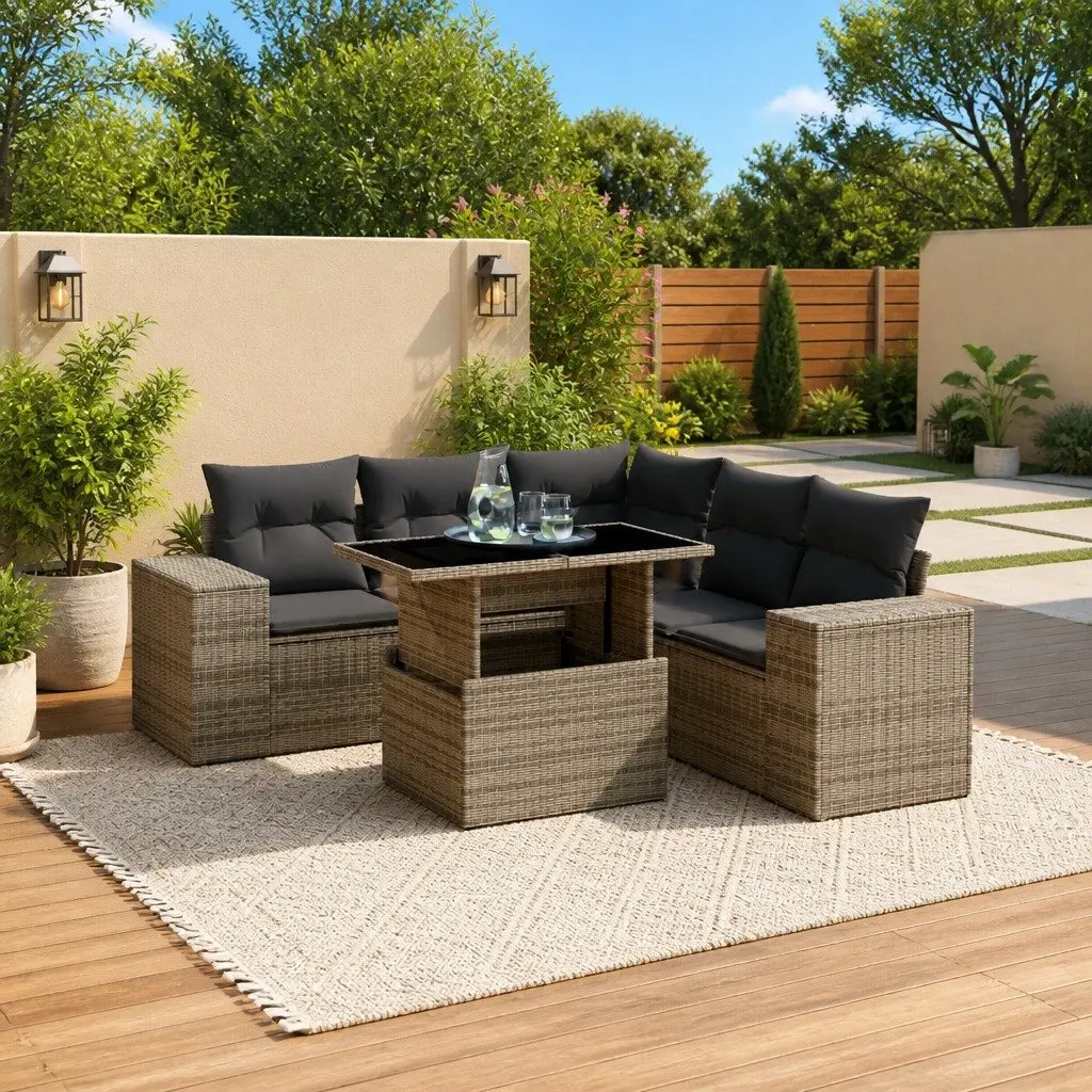 6-Piece Garden Sofa Set Grey Poly Rattan Outdoor Furniture with Cushions