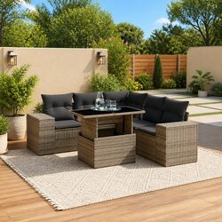 6-Piece Garden Sofa Set Grey Poly Rattan Outdoor Furniture with Cushions