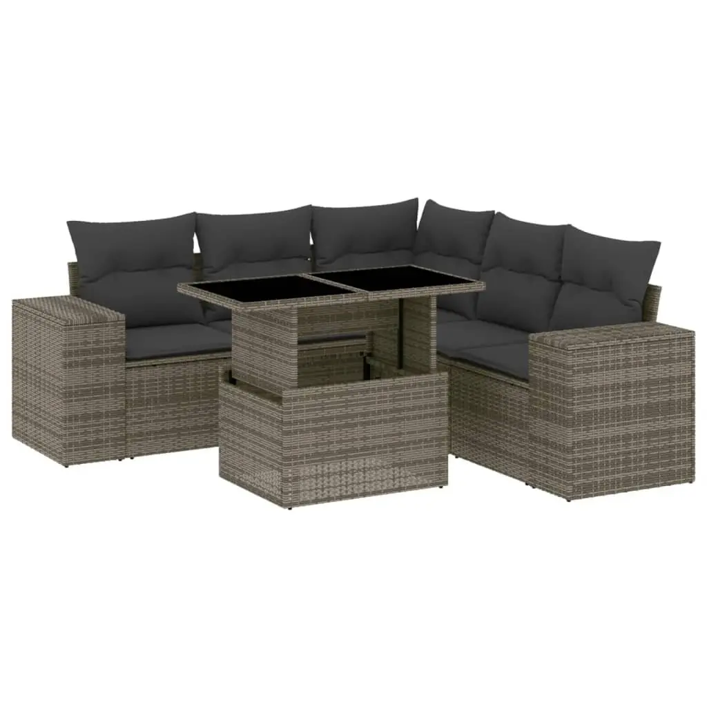 6-Piece Garden Sofa Set Grey Poly Rattan Outdoor Furniture with Cushions