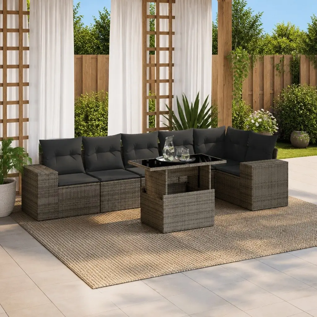 7 Piece Outdoor Garden Sofa Set Grey Poly Rattan with Cushions Patio Furniture