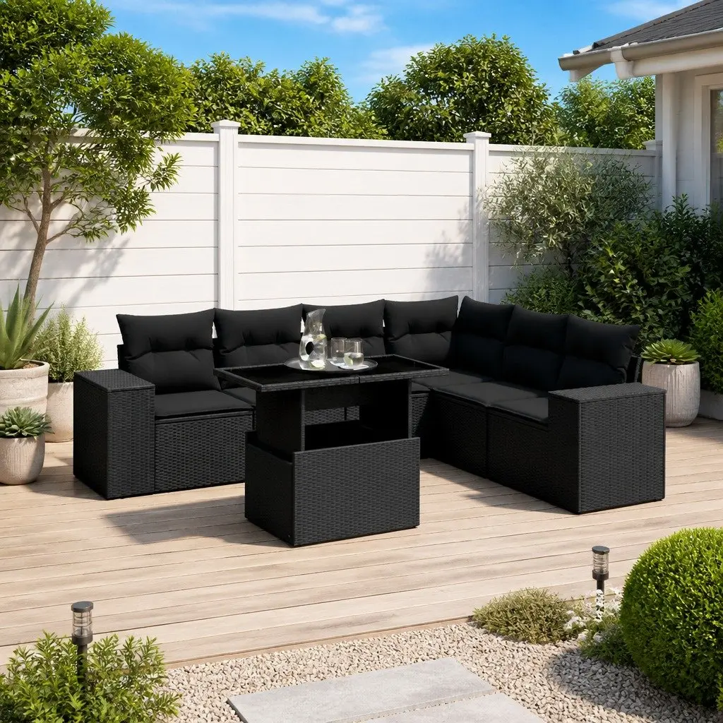 7 Piece Garden Sofa Set Outdoor Furniture Black Poly Rattan with Cushions Patio