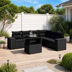 7 Piece Garden Sofa Set Outdoor Furniture Black Poly Rattan with Cushions Patio
