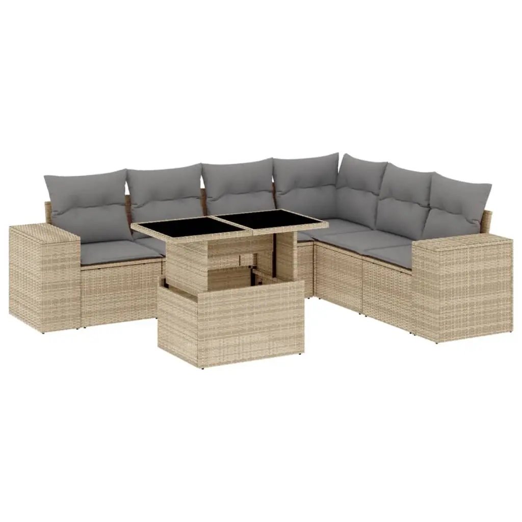 Garden Sofa Set 7 Piece Modular Outdoor Furniture Beige Rattan with Cushions