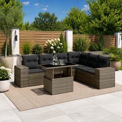 7 Piece Outdoor Garden Sofa Set with Cushions Grey Poly Rattan Patio Furniture