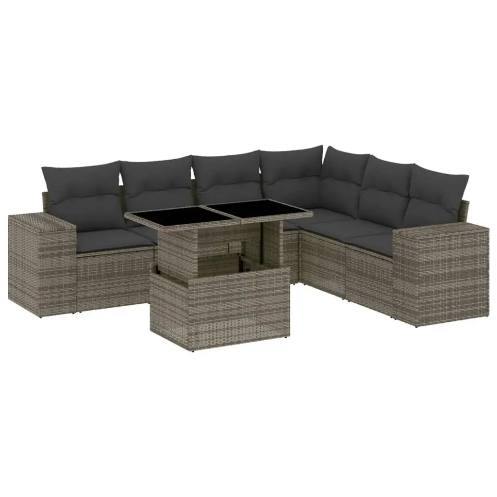 7 Piece Outdoor Garden Sofa Set with Cushions Grey Poly Rattan Patio Furniture