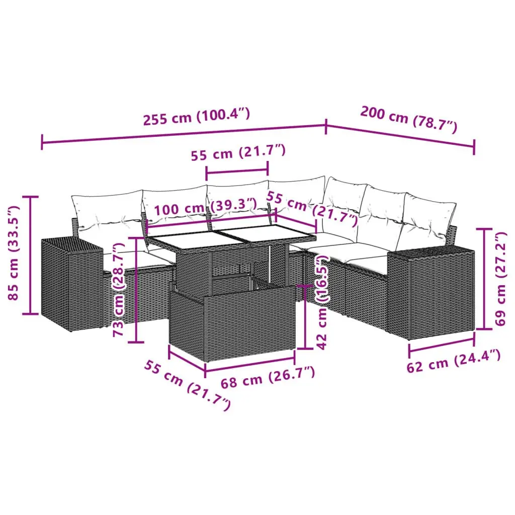 7 Piece Outdoor Garden Sofa Set with Cushions Grey Poly Rattan Patio Furniture