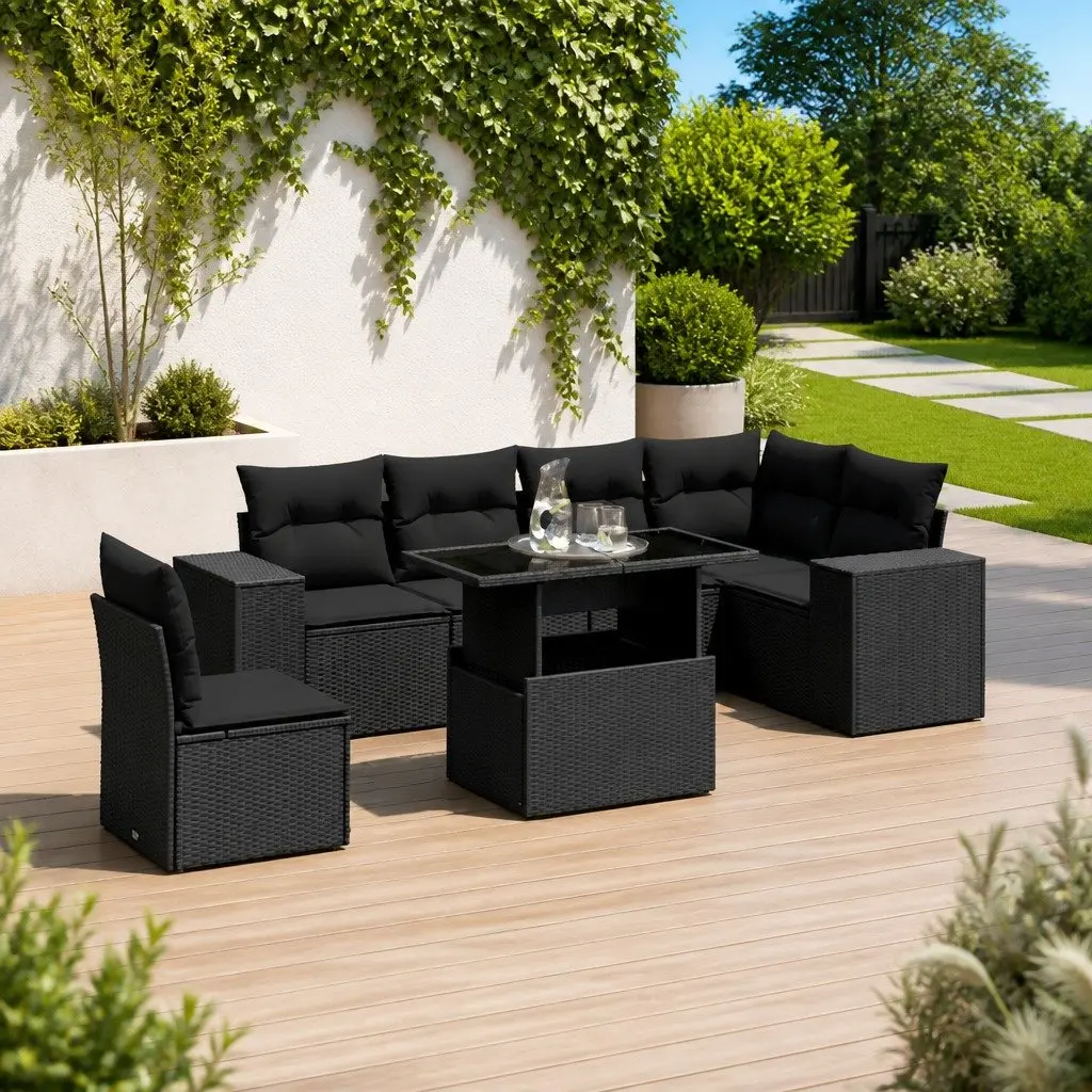 7 Piece Outdoor Garden Sofa Set with Cushions Black Poly Rattan Patio Furniture