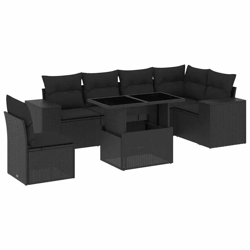 7 Piece Outdoor Garden Sofa Set with Cushions Black Poly Rattan Patio Furniture