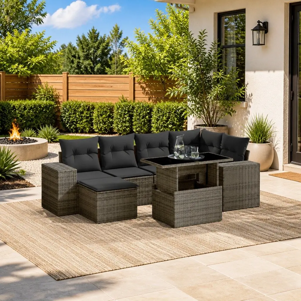 7 Piece Outdoor Garden Sofa Set Grey Poly Rattan Patio Furniture with Cushions