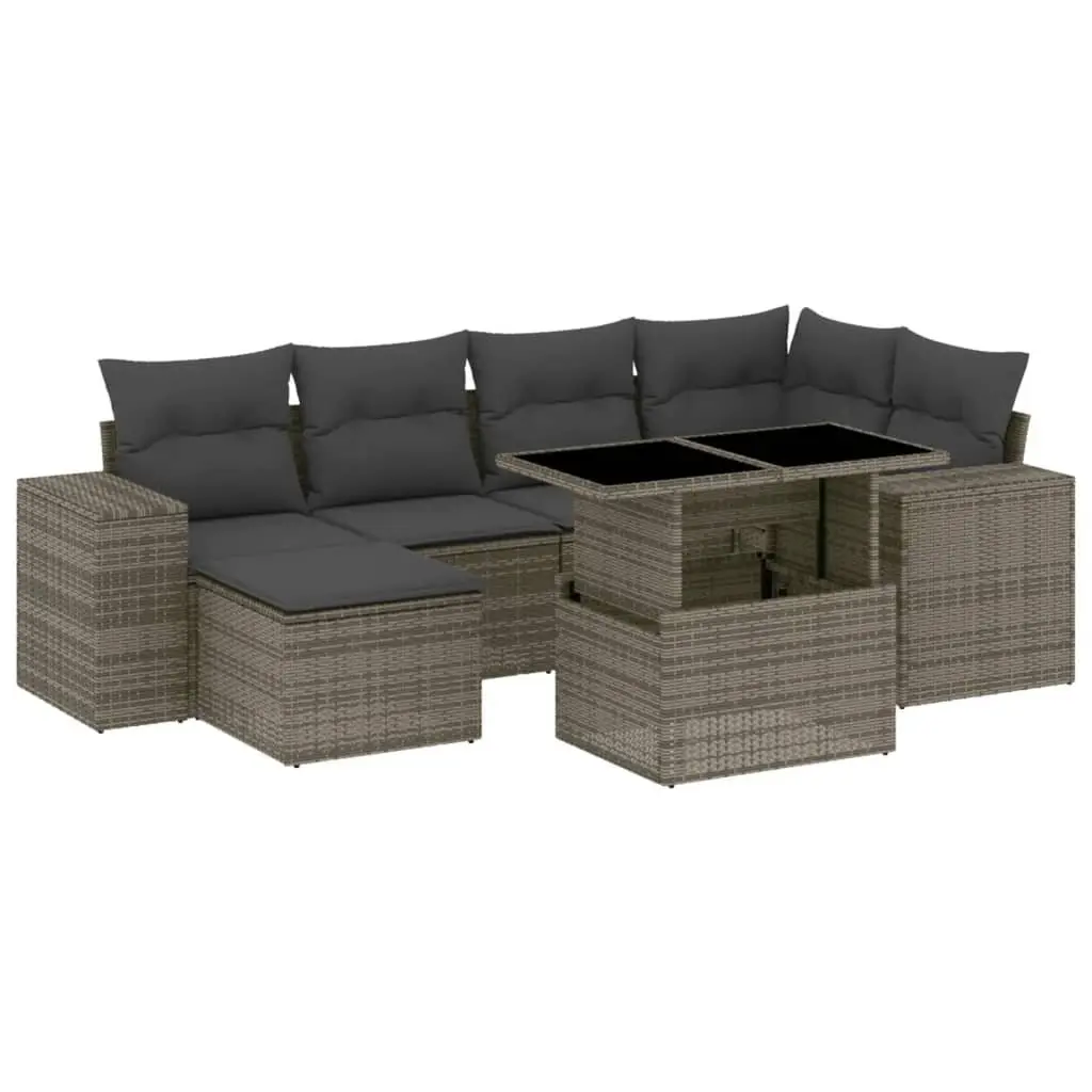 7 Piece Outdoor Garden Sofa Set Grey Poly Rattan Patio Furniture with Cushions