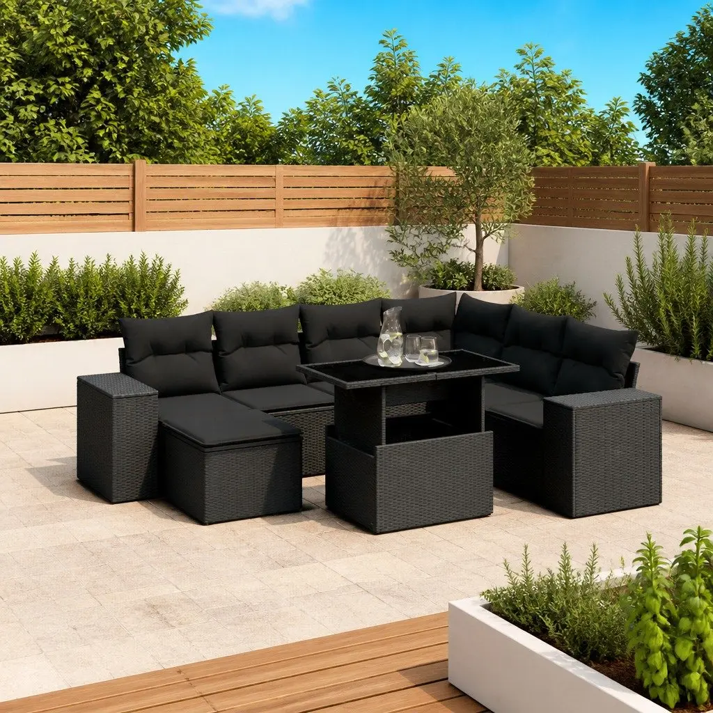 Garden Sofa Set 8 Piece Outdoor Furniture Black Poly Rattan Modular Patio