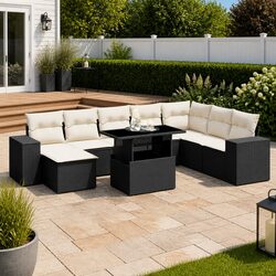 9 Piece Outdoor Garden Sofa Set Black Poly Rattan Patio Furniture with Cushions