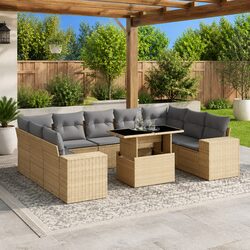 Outdoor Garden Sofa Set 10 Piece Beige Poly Rattan Patio Furniture with Cushions