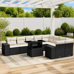 10 Piece Outdoor Garden Sofa Set with Cushions Black Poly Rattan Patio Furniture