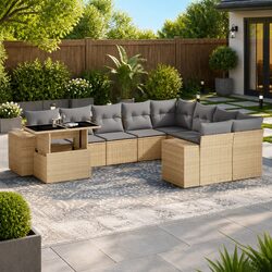 Garden Sofa Set 10 Piece Outdoor Furniture Beige Poly Rattan with Cushions Patio