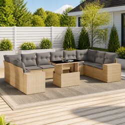 Garden Sofa Set 11 Piece Outdoor Furniture with Cushions Beige Rattan Patio