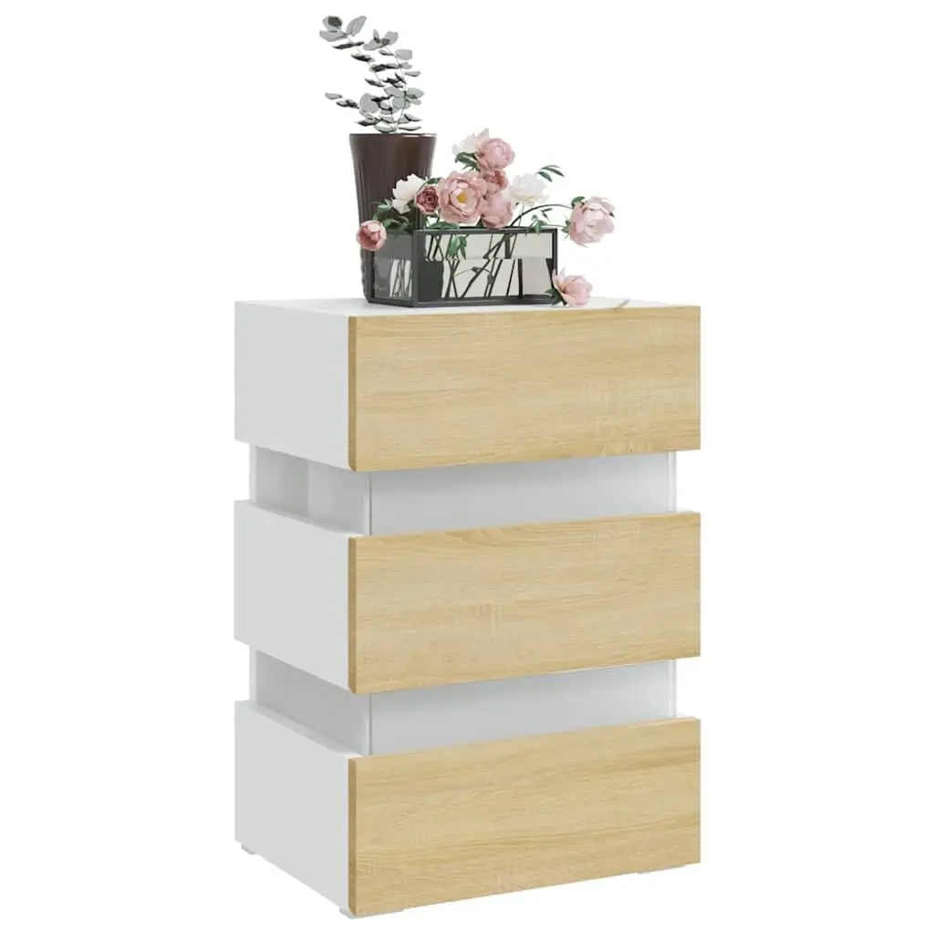 Bedside Table LED Light Storage Cabinet Engineered Wood Beige