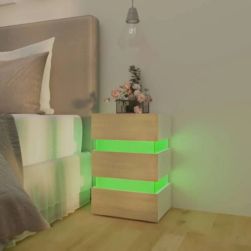 Bedside Table LED Light Storage Cabinet Engineered Wood Beige