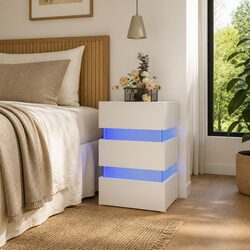 LED Bedside Cabinet White High Gloss Engineered Wood Nightstand Storage Table