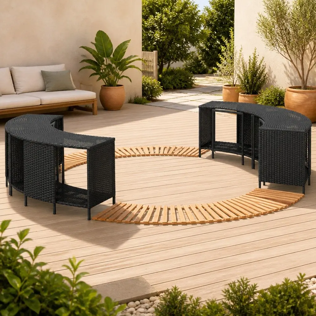 Hot Tub Surround with Storage Step Outdoor Spa Deck Rattan Wood Furniture Black