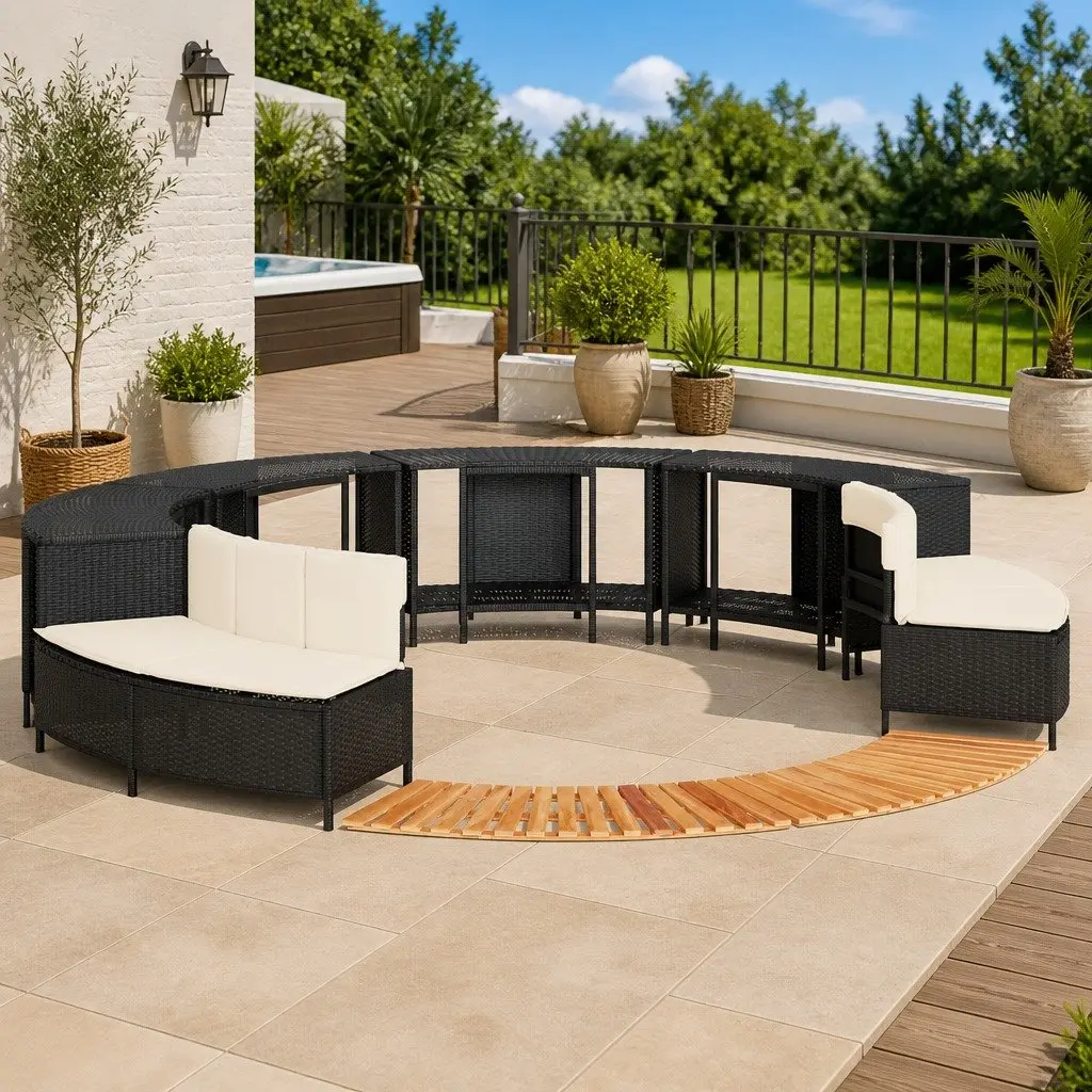 Hot Tub Surround with Storage Black Rattan Garden Spa Bench Outdoor Furniture