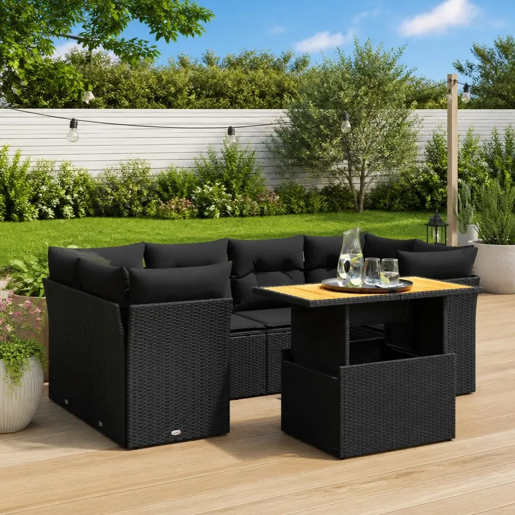 7 Piece Garden Sofa Set PE Rattan Outdoor Furniture Black with Cushions